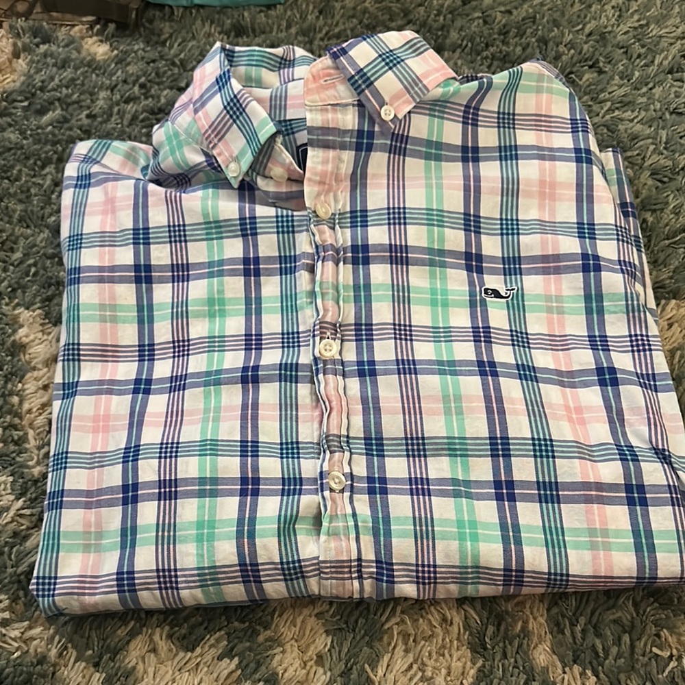 Casual Blue and Green Plaid Button Down Shirt